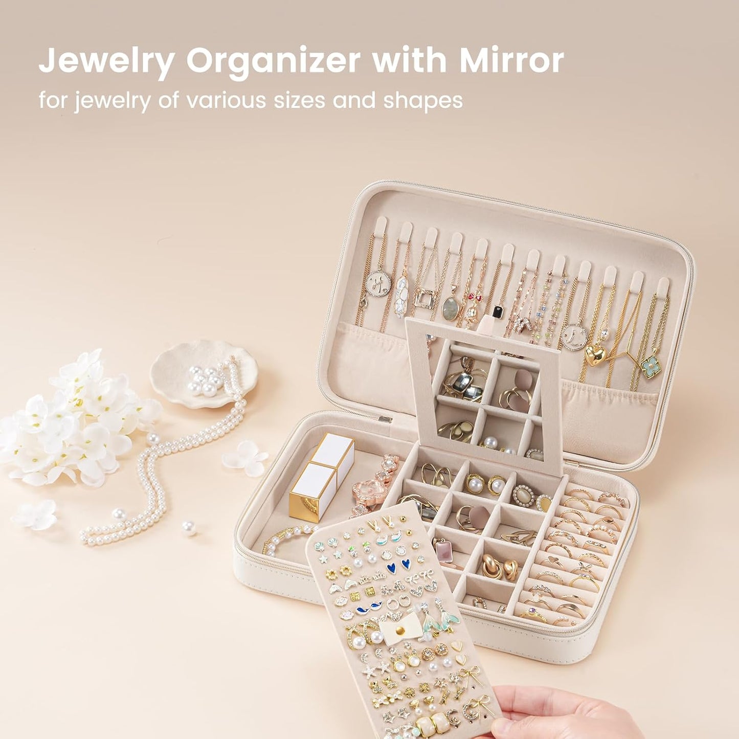 Lolalet Travel Jewelry Case for Women, Travel Jewelry Organizer Box with Mirror & Clear Storage Bag, Small Portable Traveling Earring Necklace Bracelet Ring Case, Bridesmaid Gifts -Large, White