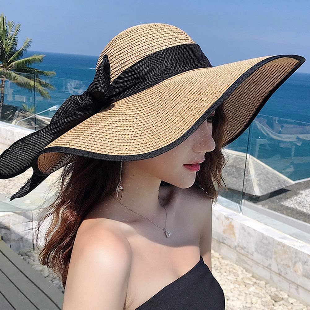 DRESHOW Beach Hats for Women Big Straw Wide Brim Summer Hat Floppy Foldable Roll up Cap Sun Hat UPF 50+