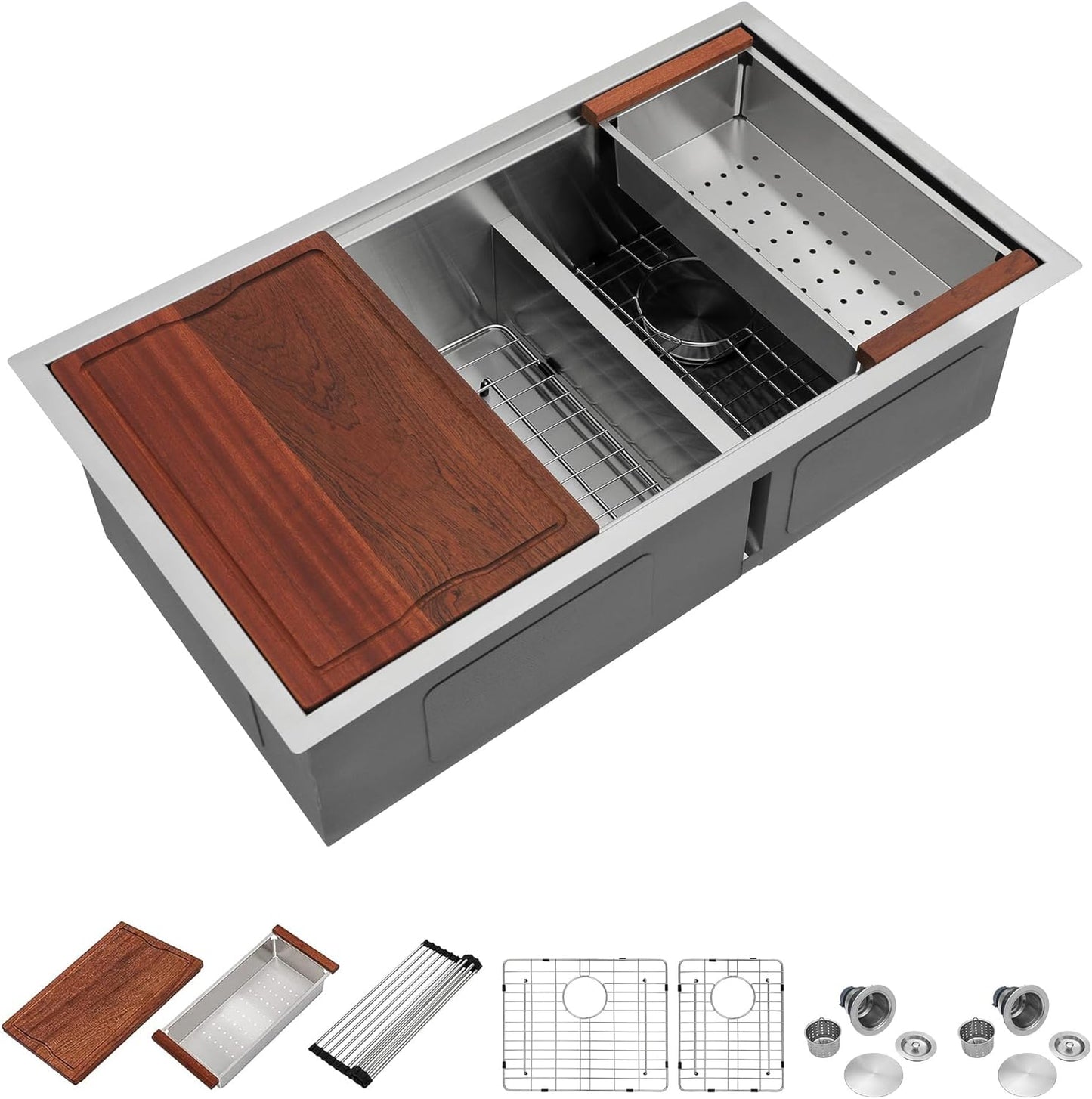 Dcolora 36 Inch Large Double Bowl Low-Divide Kitchen Sink Undermount 16 Gauge Stainless Steel 60/40 Split with Workstation, 36"x19"x10" Double Basin, DC-U7739