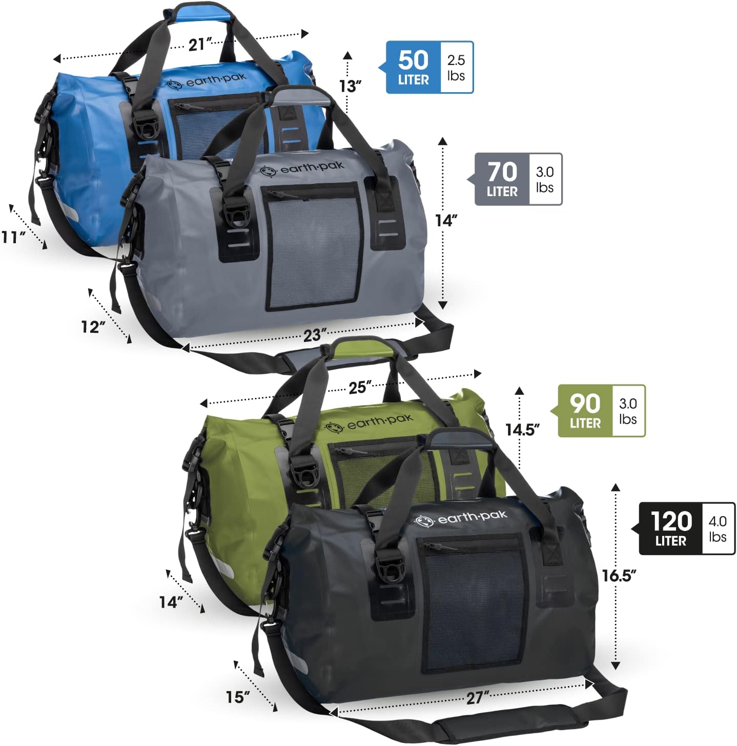 Earth Pak Waterproof Duffel Bag - Heavy Duty Motorcycle Dry Bag with Large Storage Space Perfect for Traveling, Camping, Kayaking, Fishing & Canoeing Bag 50L/70L/90L/120L Sizes