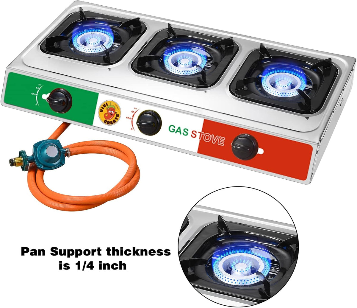 Vivicreate 3 Burner Propane Gas Stove 30000 BTU Stainless Steel Cooktop with Enamel Pan Supports Electronic Ignition for Outdoor Cooking Camping BBQ Estufa de Gas Portátil Fogón de Gas