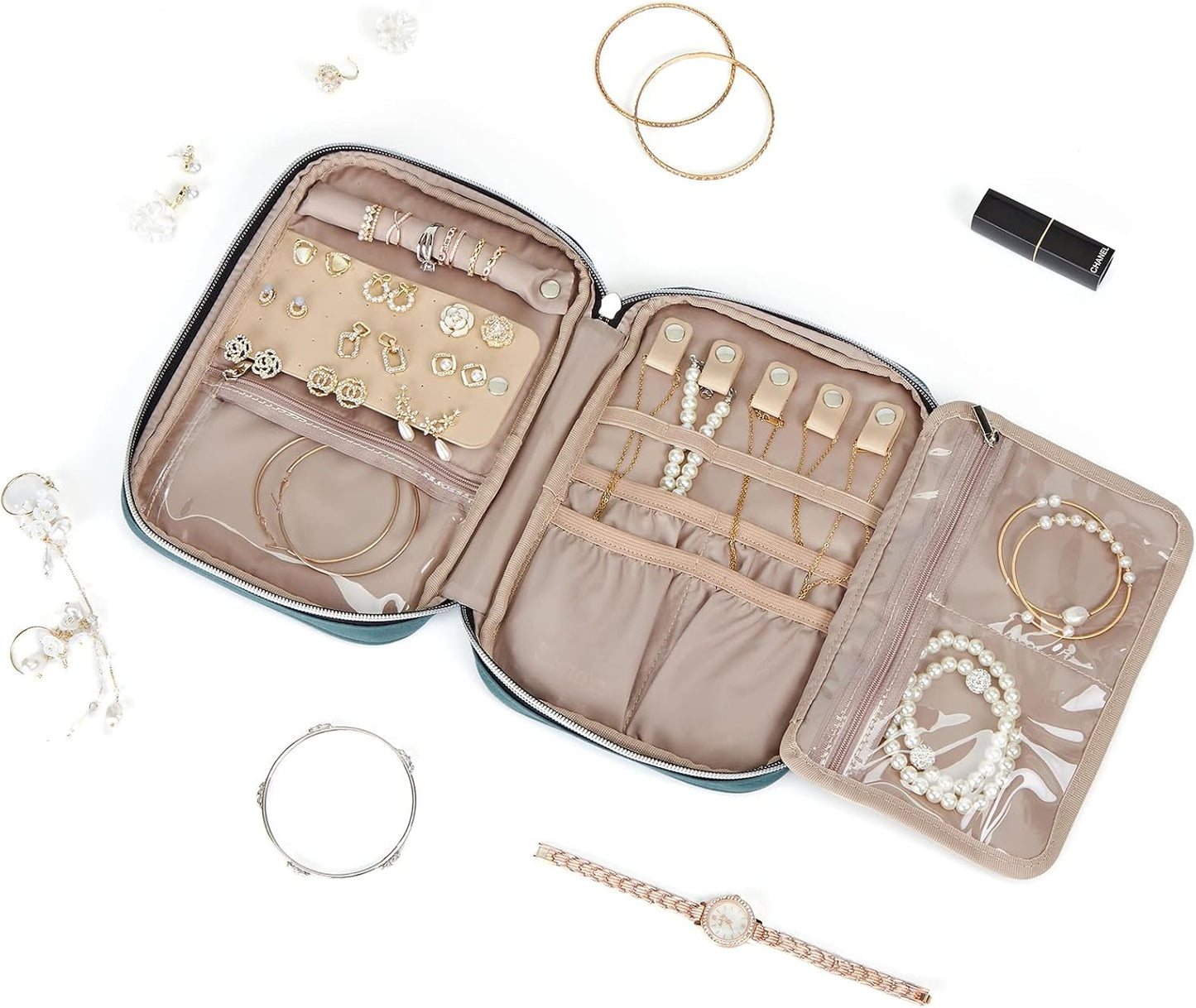 BELALIFE Travel Jewelry Organizer, Portable Jewelry Storage Case for Earrings, Rings, Necklaces, Bracelets, Lake-Blue