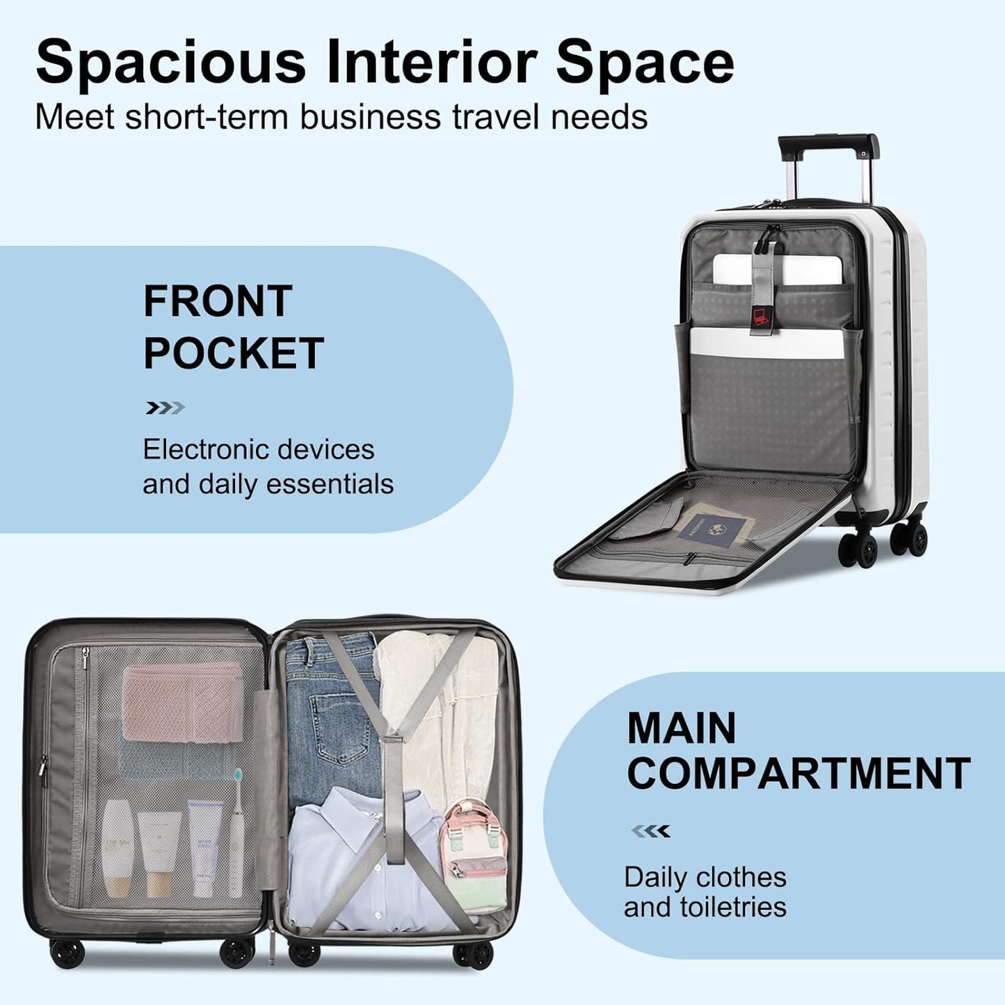 Carry On Luggage 22×14×9 Airline Approved, 20 Inch Lightweight ABS+PC Hard Shell Suitcases with Front Pocket, Spinner Wheels, TSA Lock (White, 1PC)