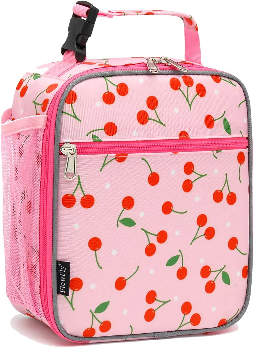 FlowFly Kids Lunch box Insulated Soft Bag Mini Cooler Back to School Thermal Meal Tote Kit for Girls, Boys, Cherry