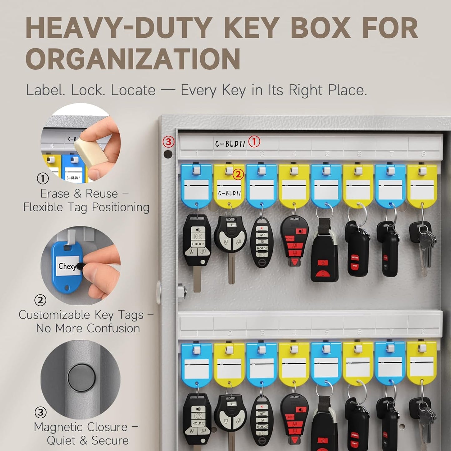 WeHere 48 Key Lock Box Wall Mount, APP Bluetooth/OTP/Wi-Fi/Fixed Code/Key Unlock, Smart Key Cabinet with Key Tag, Key Organizer Holder Box, Key Management Directory for Office, Valet, Realtor, Hotel
