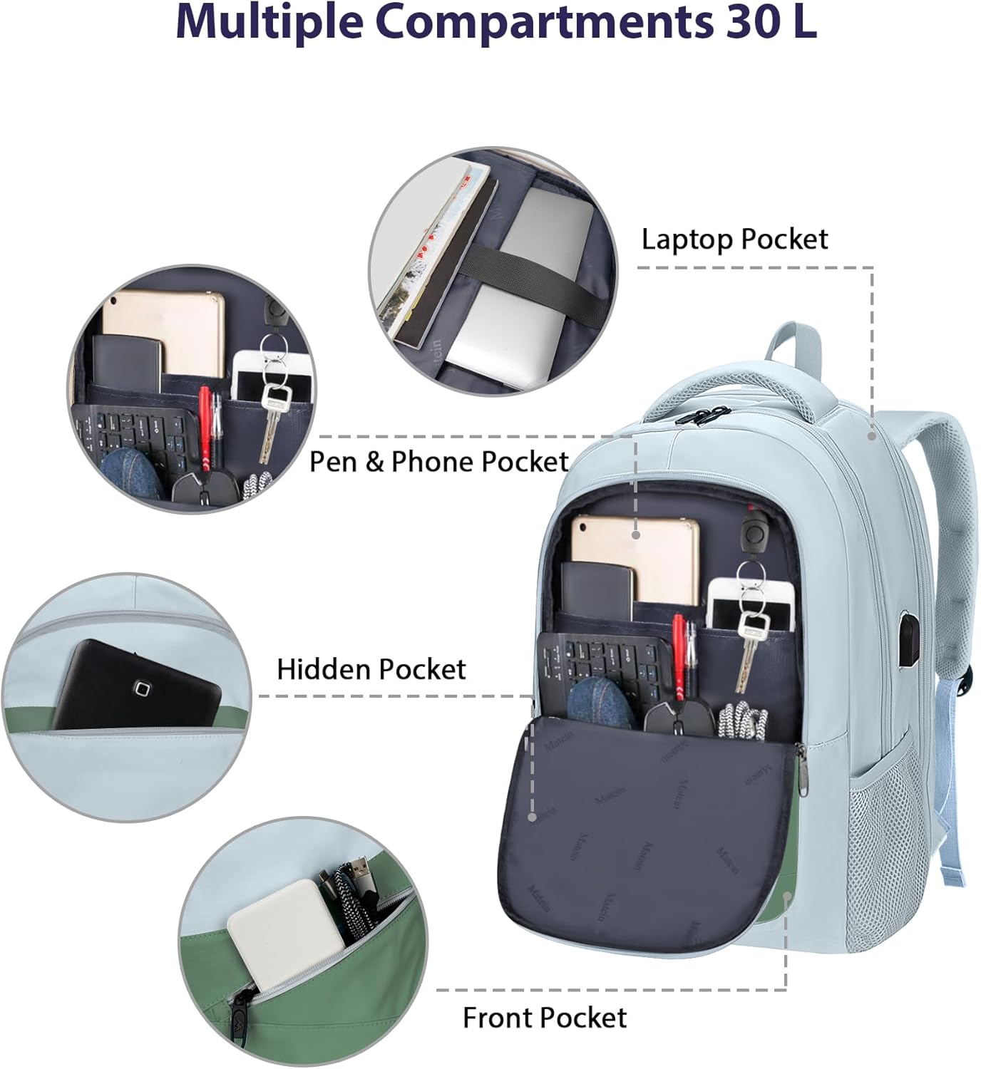 MATEIN Large Laptop Backpack for Women, Stylish 17 Inch Lightweight Outdoor Bag with USB Charging Port & Luggage Strap, Water Resistant Travel Computer College Backpack, Blue Green