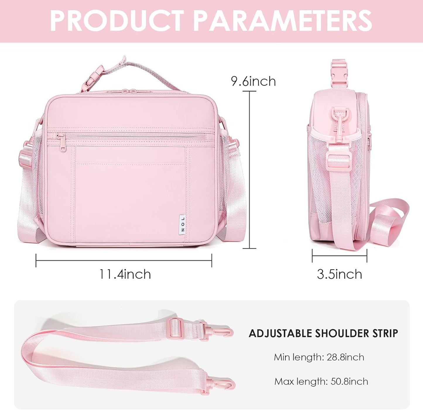 NOL Kids Lunch Bag - Kids 3+ Reusable Insulated Lunch Box with Zipper Closure Buckle Handle Adjustable Long Shoulder Strap, Easy-Clean Waterproof Fabric, Children Lunch Tote Bag for School -Pink