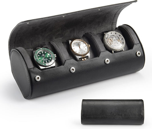 Watch Travel Case for Men: 3 Slot Watch Box Organizer Display Case - Portable Watch Storage & Travel Case - Watch Roll Fits All Wrist Watches & Smart Watches Up to 50mm (Black)