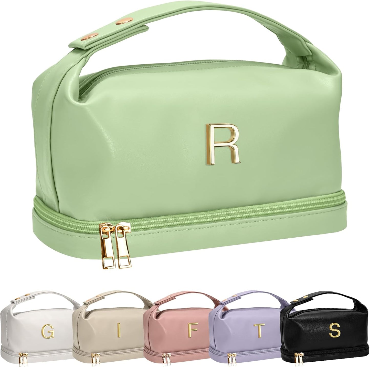 Gifts for Women 40s, Personalized Makeup Bag with Handle, Initial Double Layer Cosmetic Bag with Makeup Brush Organizer, Cute Cosmetic Pouch for Women, Gifts for Friends Female Mom