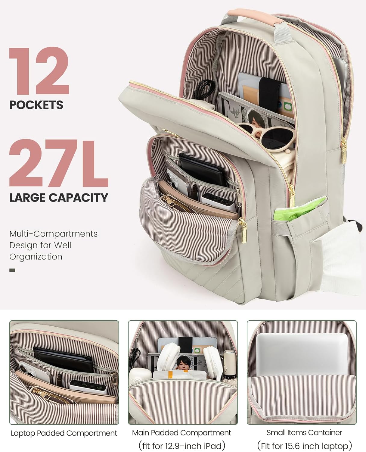 LOVEVOOK Laptop Backpack Purse for Women, Work Travel Computer Bags, College School Backpack for Student Girl, Quilted Casual Daypack with USB Port, Fit 15.6 Inch Laptop, Grey Pink