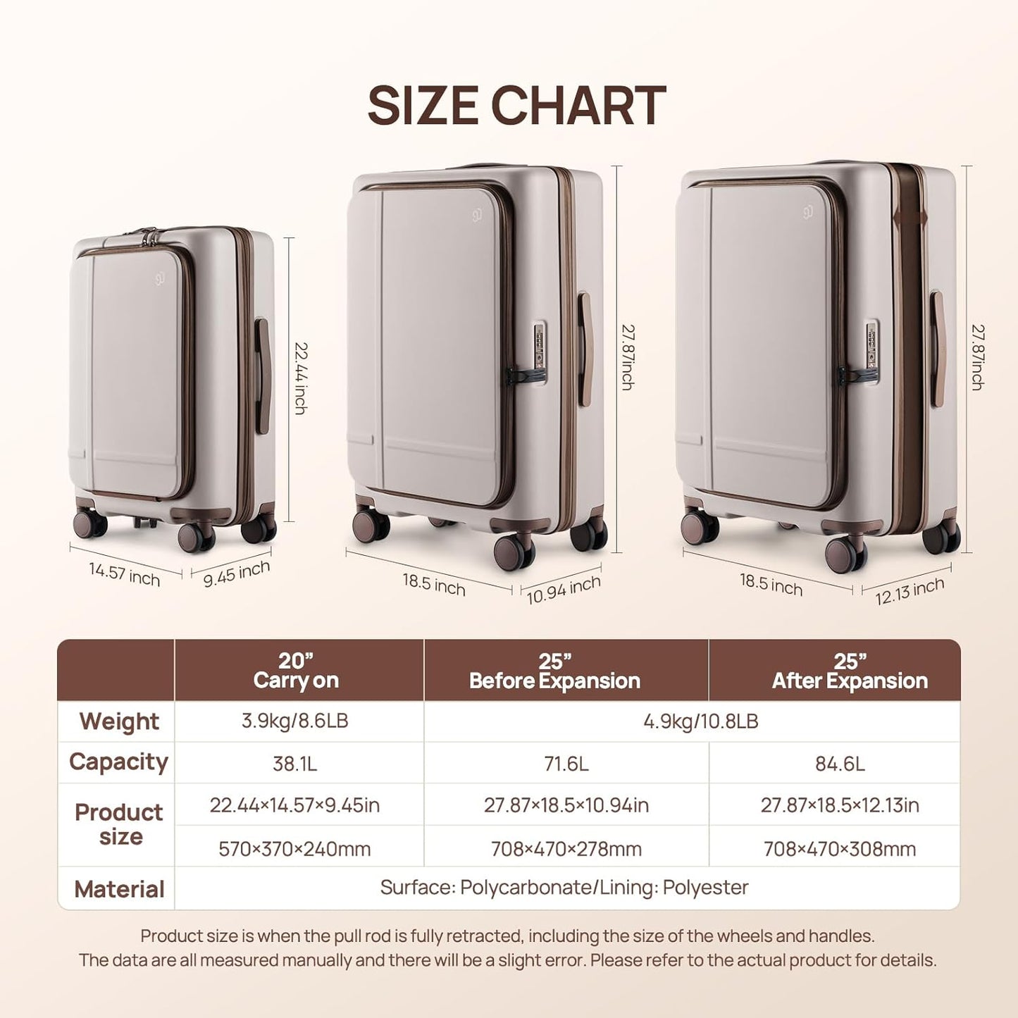 NINETYGO Medium Checked Luggage 25 Inch, Flat Top Opening Checking In Luggage with Cup Holder, Expandable, Coffee-Infused PC Hard Shell, Eco-Friendly, TSA Lock, 360° Spinner Wheels (Oats White)