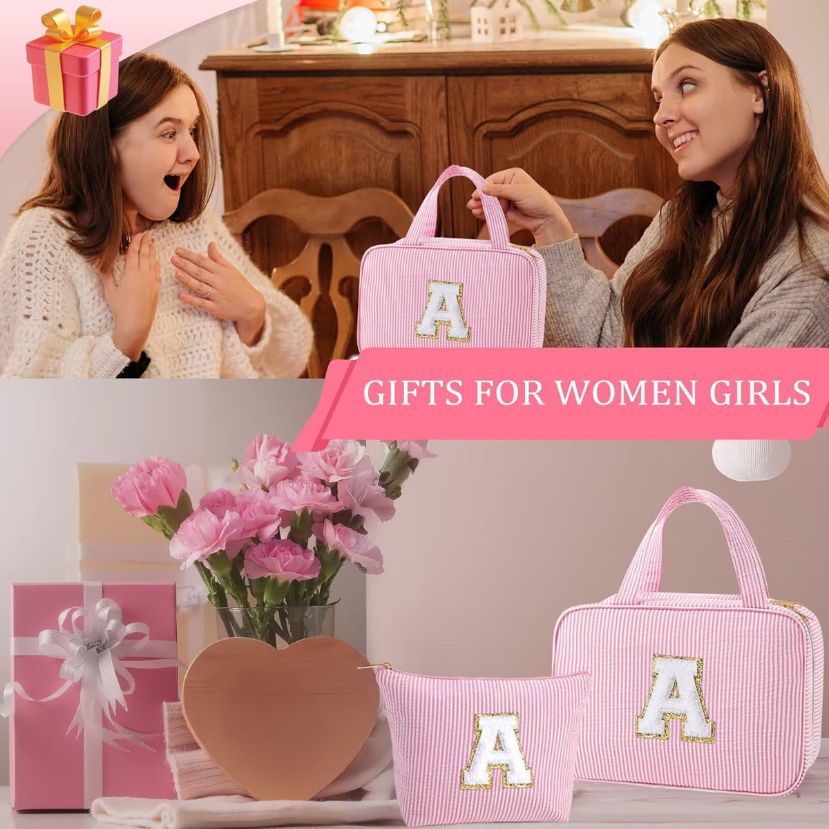 YOOLIFE Travel Toiletry Bag Makeup Bag - Hanging Toiletry Bag for Women, Portable Toiletries Travel Bag and Cosmetic Bag, Airplane Travel Essentials Travel Toiletry Bag - Letter J, Pink