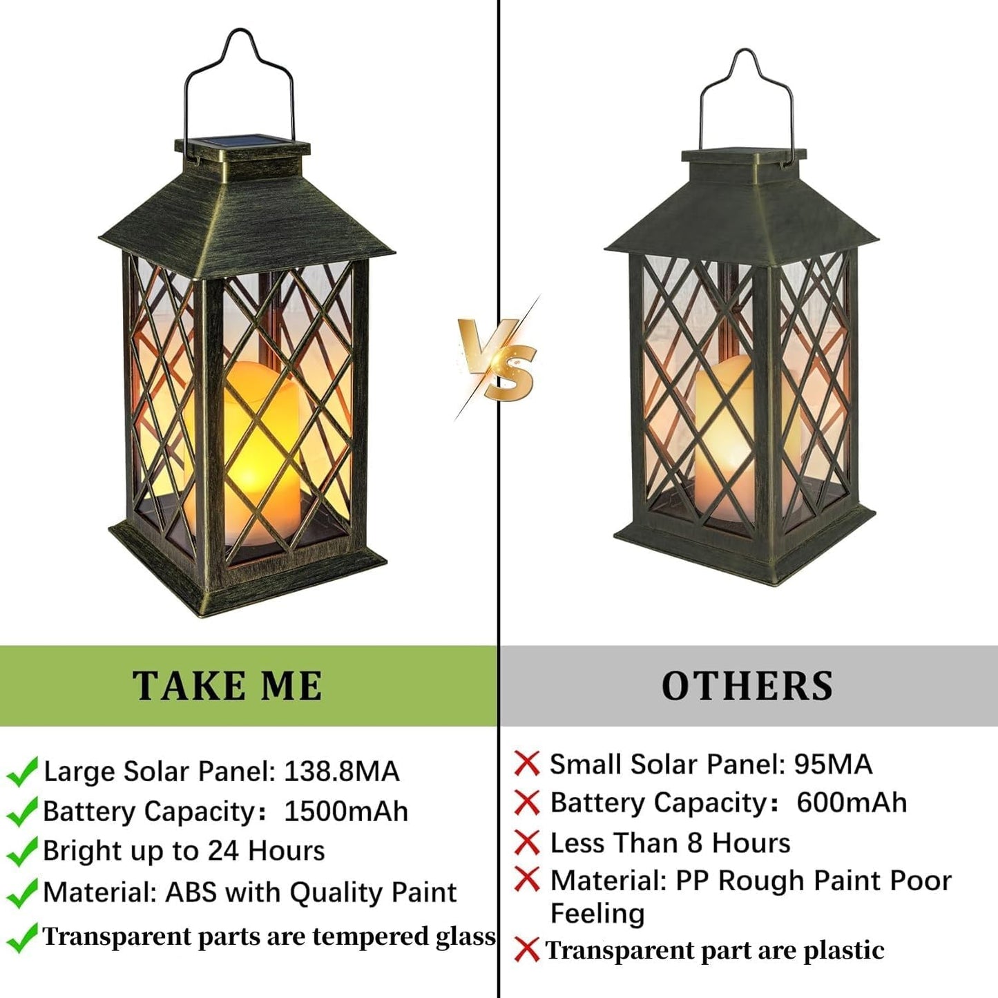 TAKE ME 14" Solar Lanterns Outdoor Waterproof Garden Lanterns Large Flickering Flameless Candle Mission Lights for Table,Outdoor,Party Mothers Day Gifts ( 2 Packs Bronze-Green Color)