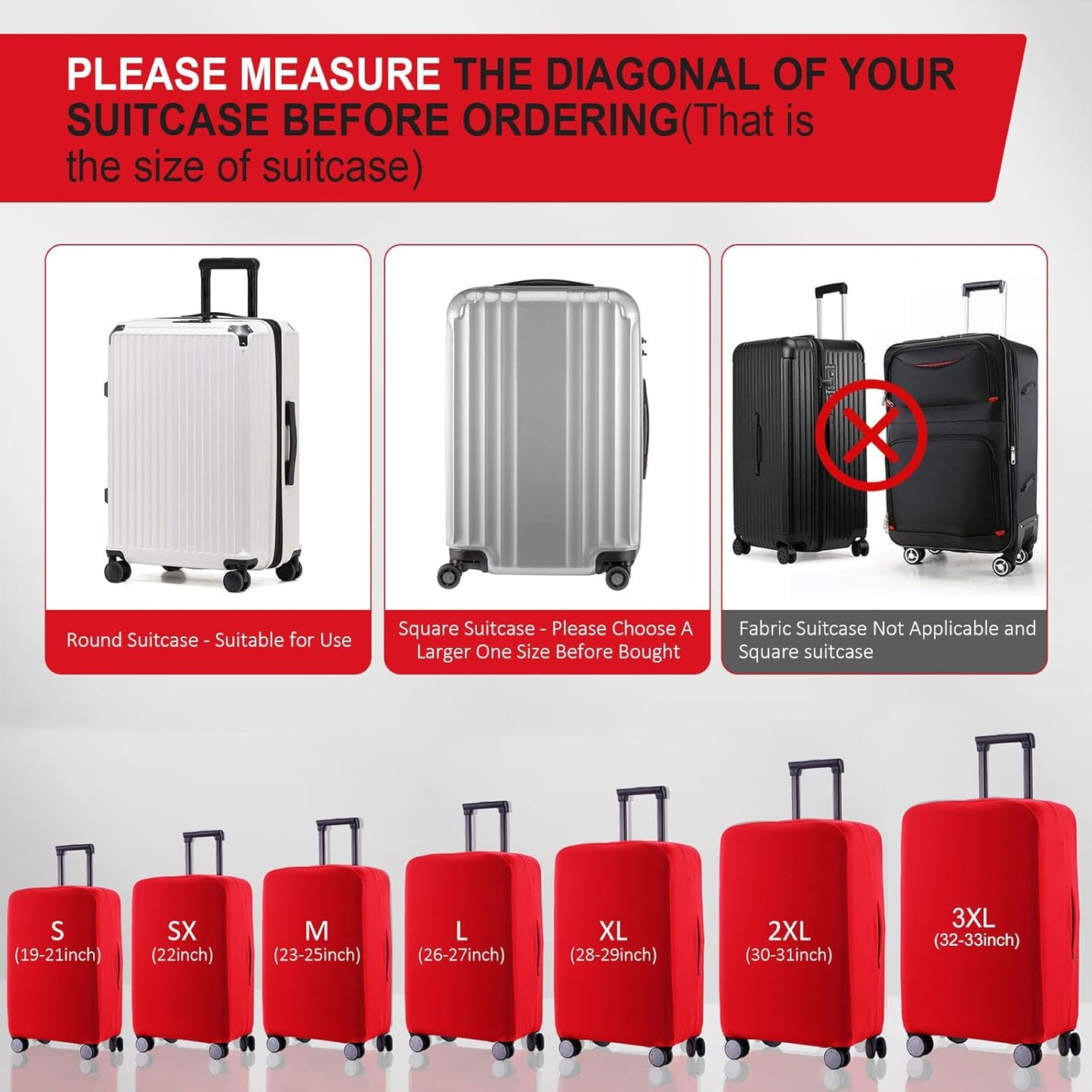 Travel Luggage Cover Suitcase Protector Scratch-Resistant Fit 19-31 Inch Suitcase, Not Included Suitcase (Red, SX(22-23 inch))