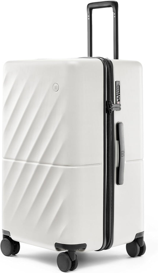 NINETYGO Trunk Luggage 26 Inch, Medium Checked Luggage with Double Spinner Wheels, Anti-Burst Zipper, Hard Case PC Suitcase, Lightweight Travel Luggage, TSA Approved (Pearl White, Hudson)