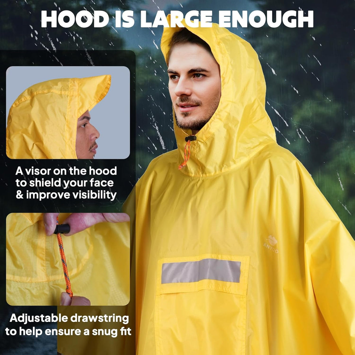 ANYOO Hooded Rain Poncho for Adults Waterproof Lightweight Rain Coat for Men Women Reusable Rain Jacket for Emergency Outdoor
