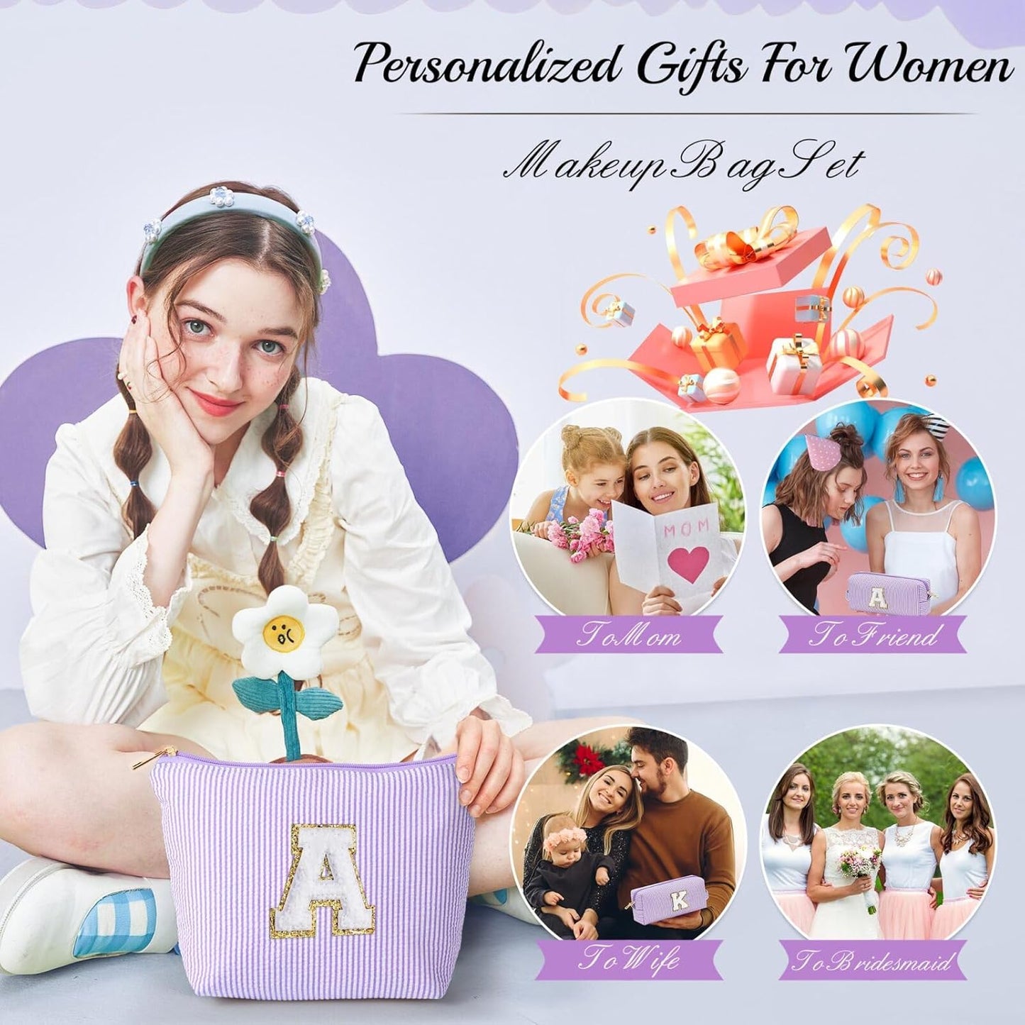 YOOLIFE Makeup Bag - Cute Cosmetics Organizer for Women, Personalized Gifts for Best Friend, Daughter, Valentine's Day, Wedding