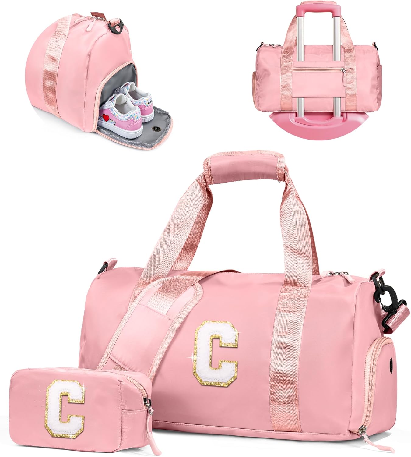 Gifts for 3 4 5 6 7 8 9 Year Old Girls-Girl Gym Bag with Shoe Compartment, Kid Weekender Overnight Bags, Initial Travel Tote with Makeup Pouch, 10 Year Old Girl Birthday Gifts Teen (Letter C)