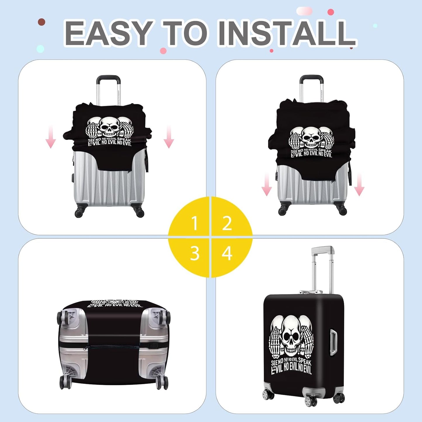 ANNA QUEEN Gothic Skull Luggage Cover, “See No Evil, Hear No Evil, Speak No Evil” Skeleton Design, Stretchable, Washable Suitcase Protector for 32-34 Inch Travel Suitcases