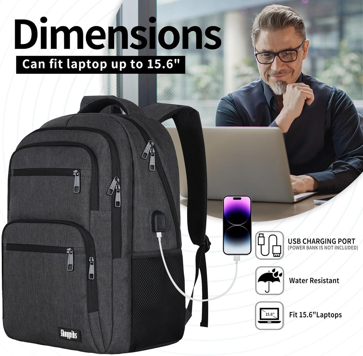 Backpck for Men Women, School Backpack for Boys Teens, 15.6 inch Laptop Back Pack with USB Charger Port, Bookbag with USB Charger for College High Middle School Travel Business Work Mochilas Black
