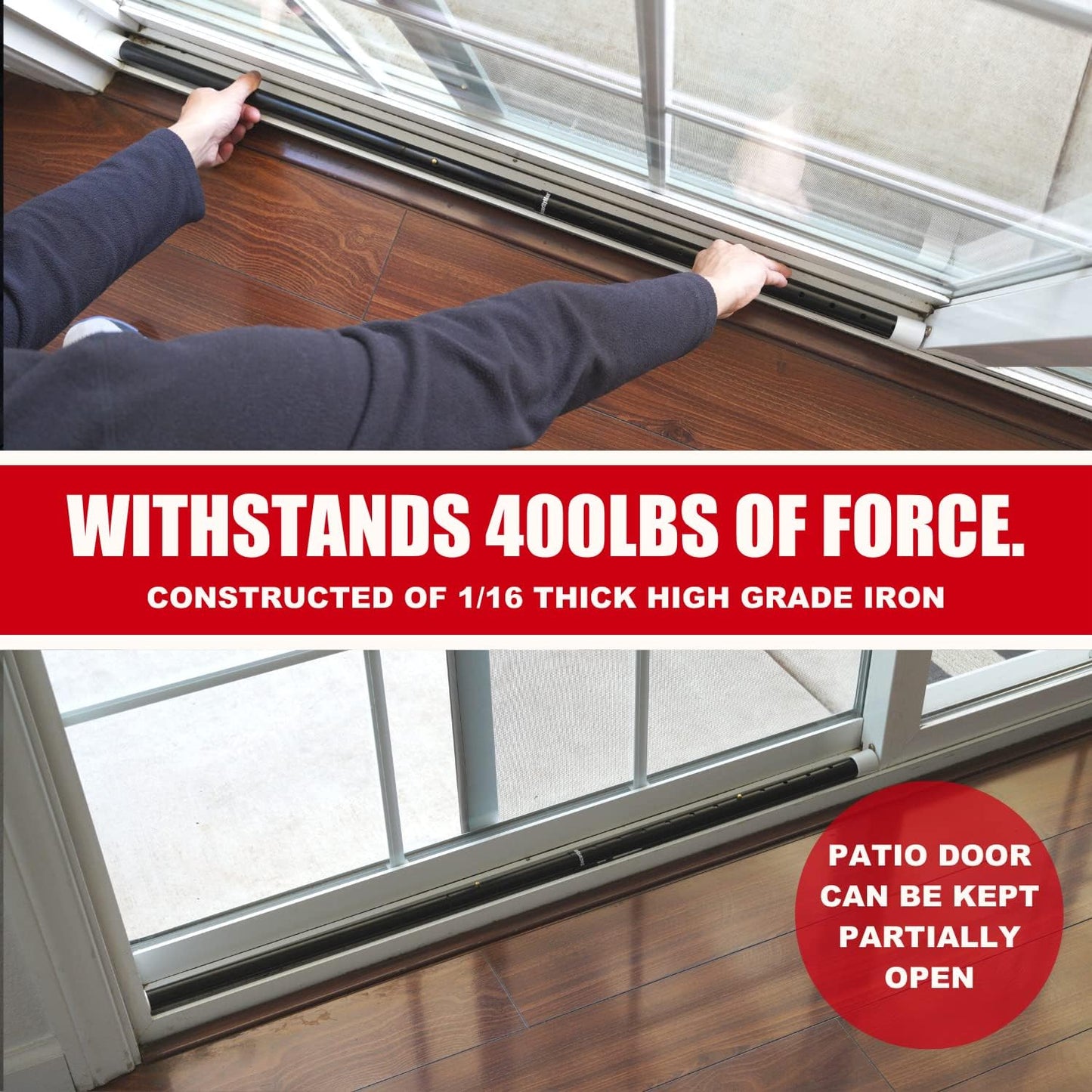 SECURITYMAN 2-in-1 Door Security Bar & Sliding Patio Door Security Bar (2 Pack) via Interchangeable Caps - Heavy Duty Iron Construction Door Stoppers Lock for Home, Apartment, Travel Hotel - Black