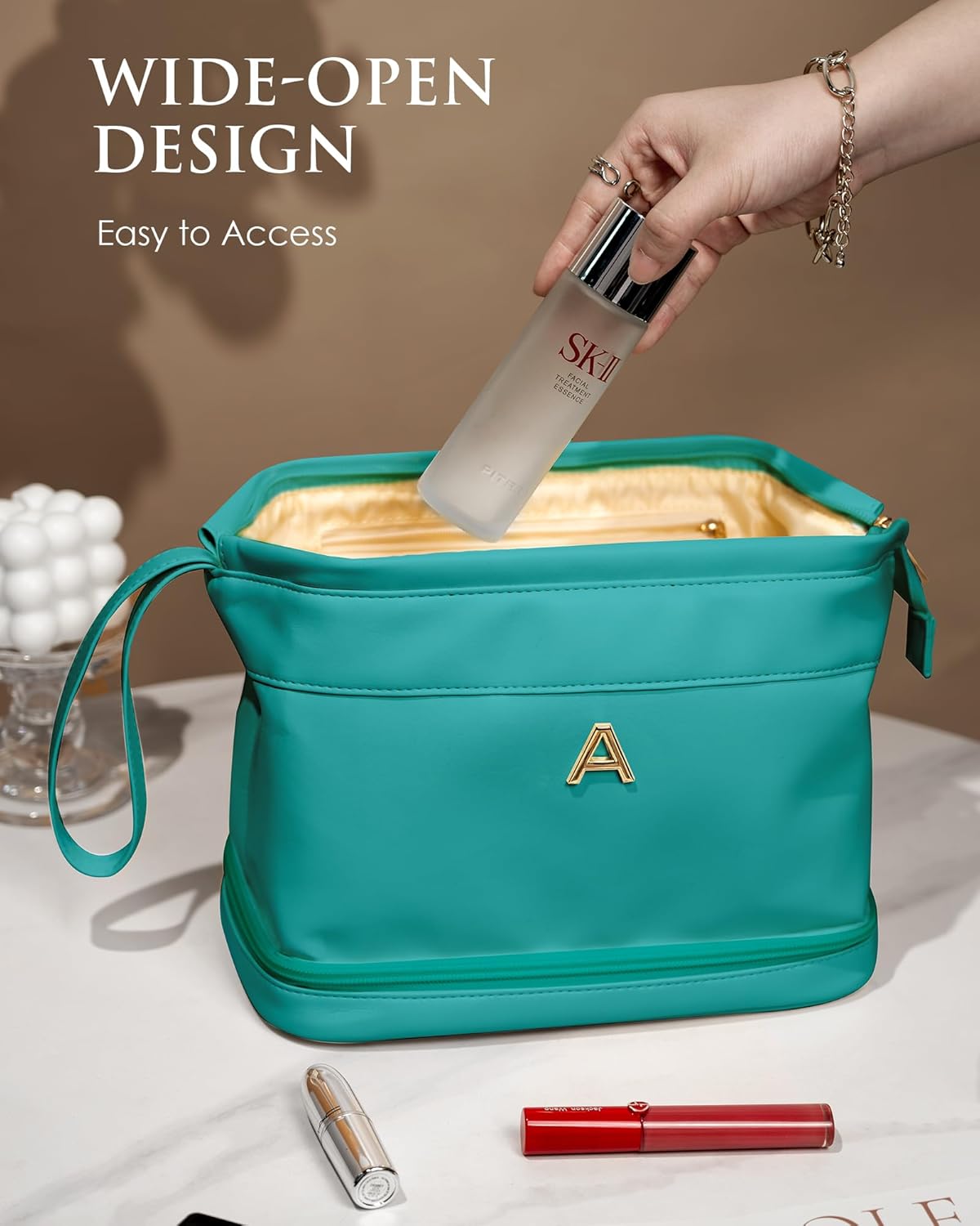 Holiday Gifts, Birthday Gift for Her, Makeup Bags, Waterproof Double Layer Cosmetic Bag, Large Capacity PU Leather Makeup Bags Letter Travel Toiletry Bag, Initial Gifts for Coworkers