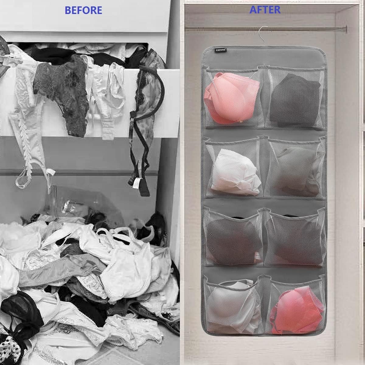 Dual-Sided Hanging Closet Organizer for Socks Underwear Bra Kids Storage Organizer for Baby Clothes Toddler Shoes with 26 Pockets (Grey-Mesh Pockets)