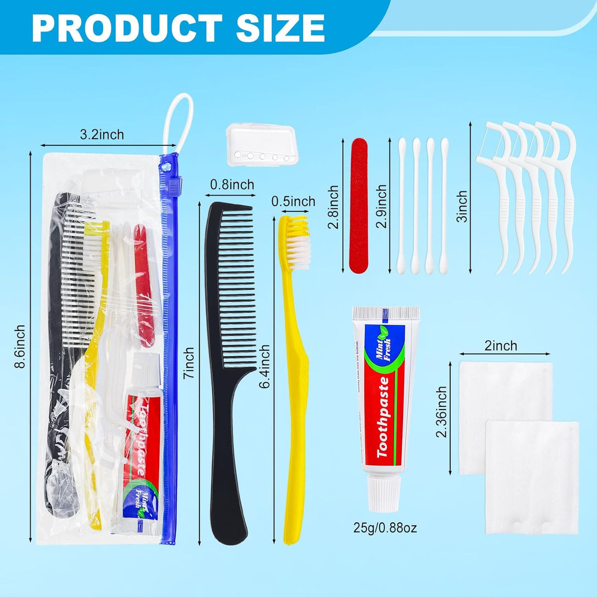 Personal Hygiene Kit Bulk Pack of 50,Yellow Disposable Toothbrushes with Toothpaste Floss Comb Cover and Hotel Vanity Set Basic Travel Toiletry Kit Supplies for Homeless,Charity,Guests
