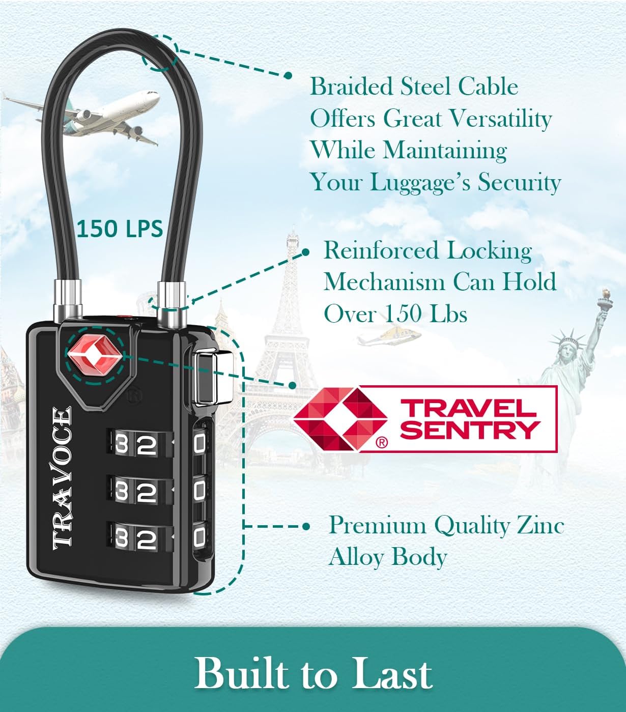 Search Alert TSA Approved Travel Combination Luggage Cable Locks for Suitcase, Gym Locker,Toolbox,Backpack 1,2,4,6 &10 pk (Black 3 Pack)