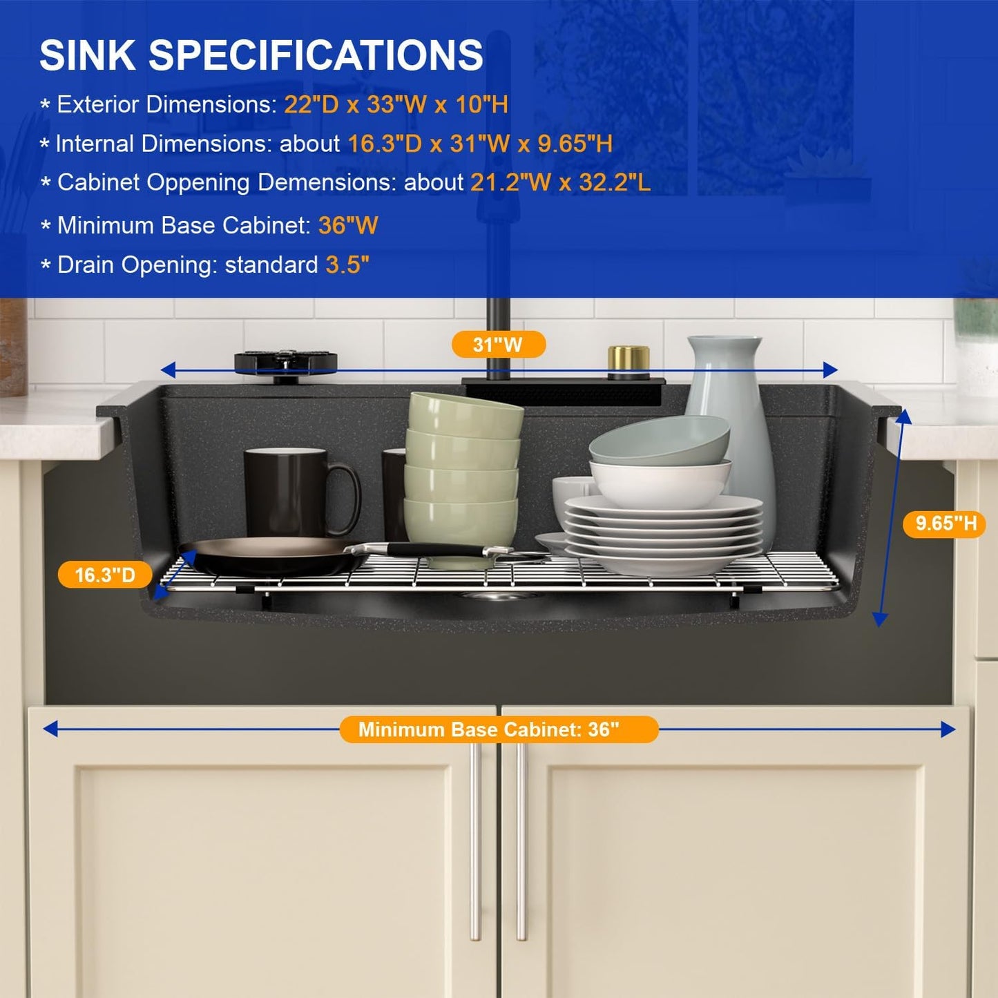Dcolora Waterfall Smart Kitchen Sink 33x22 Drop In Single Bowl Multifunctional Kitchen Sinks With Faucet And Cup Washer,33 Inch Granite Composite (Black) DC-SFDOE00002