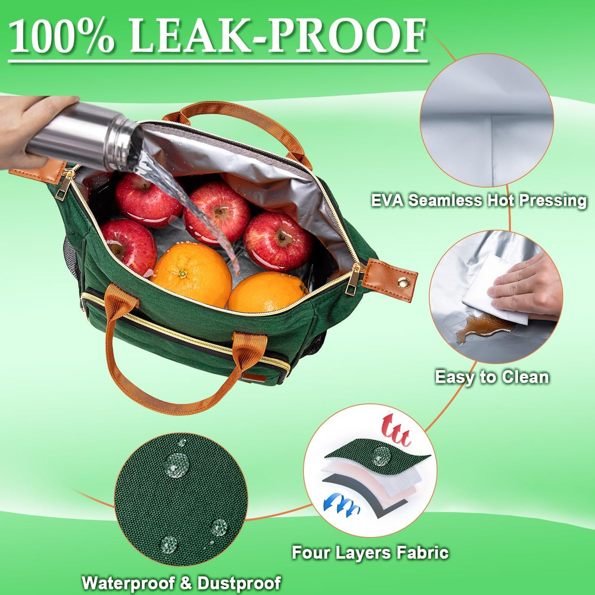 TuErCao Insulated Lunch Bag Adult Lunch Box for Women for Work Leakproof Soft Cooler for Beach Travel Picnic, Dark Green