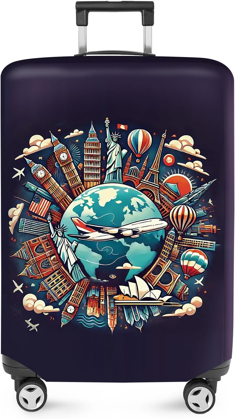 ANNA QUEEN World Landmarks Luggage Cover, Dark Travel-Themed Suitcase Protector with Airplane & Globe Design, Stretchable, Washable Luggage Sleeve for 32-34 Inch Suitcases