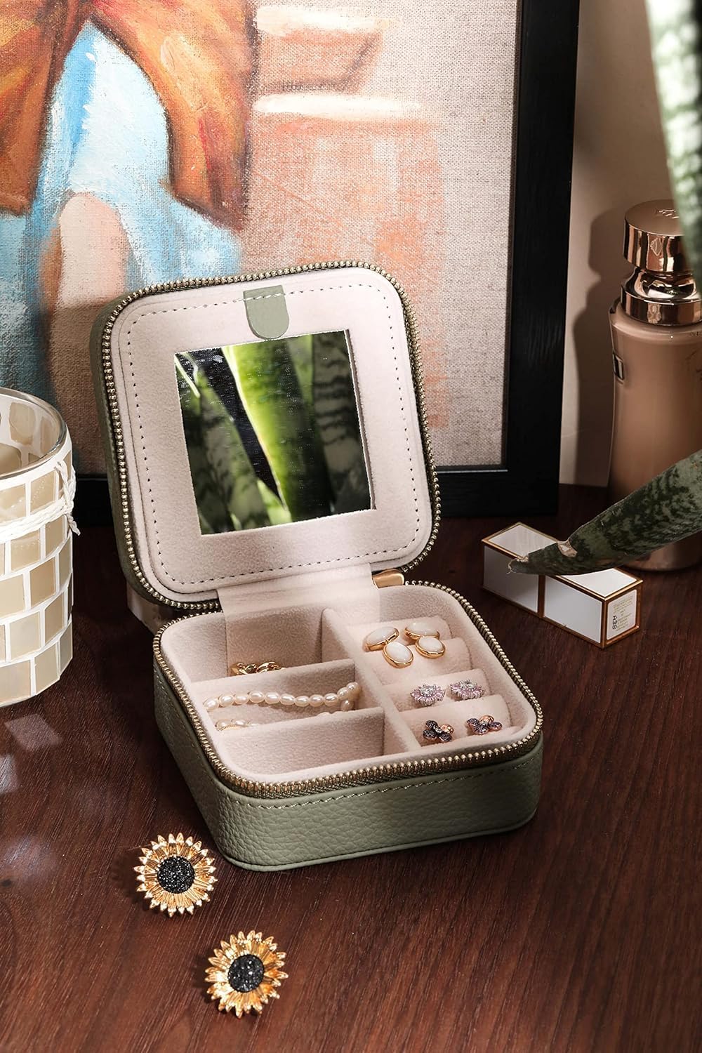 S.Leaf Travel Jewelry Organizer Travel Jewelry Boxes for Women Small Jewelry Travel Case Box Portable Travel Jewelry Case Travel Case Mini Jewelry (03_Lychee_Butterfly_Blue)