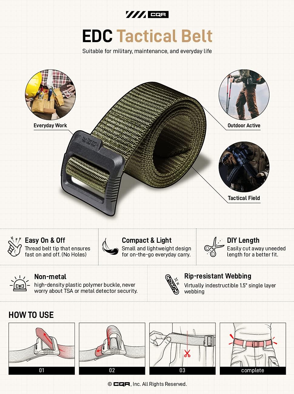 CQR Tactical Belt, Military Style Heavy Duty Belt, Webbing EDC Quick-Release Buckle