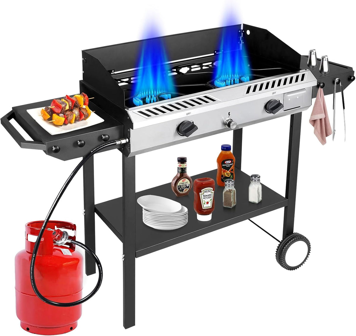 Bestfire 2 Burner Propane Stove Outdoor Camping Gas Stoves 150,000 BTU Auto Ignition with Regulator and Side Shelves Perfect for Patio Home Cooking and Frying