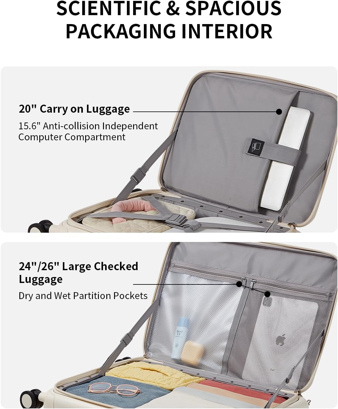 aji Expandable Top Open Carry On Luggage 22x14x9 Airline Approved, 20 Inch Hard Shell Carry On Suitcase with Spinner Wheels,Travel Small Luggage for Women Men,Coconut White