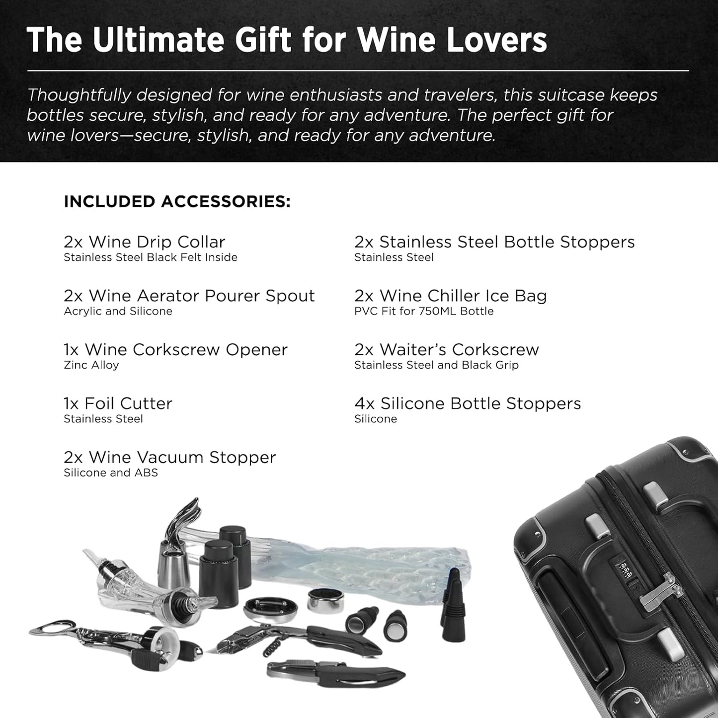 FlyWithWine® by VinGardeValise 12-Bottle Hard Shell Wine Suitcase with Hinomoto 360° Spinner Wheels – TSA Approved Wine Luggage with Removable Foam Insert and 18 Wine Accessories