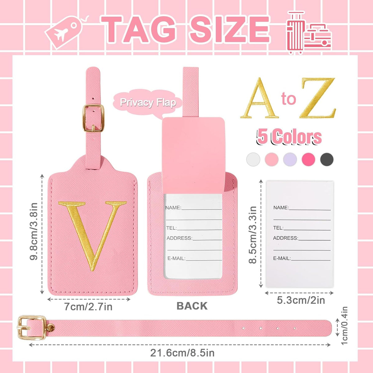 Personalized Initial Luggage Tags for Suitcase, Pink Leather Cute Luggage Tags with Privacy Cover Name Card, Embroidered Custom Monogrammed Luggage Tag Travel Bag Baggage Tags Gifts for Women Kids(V)
