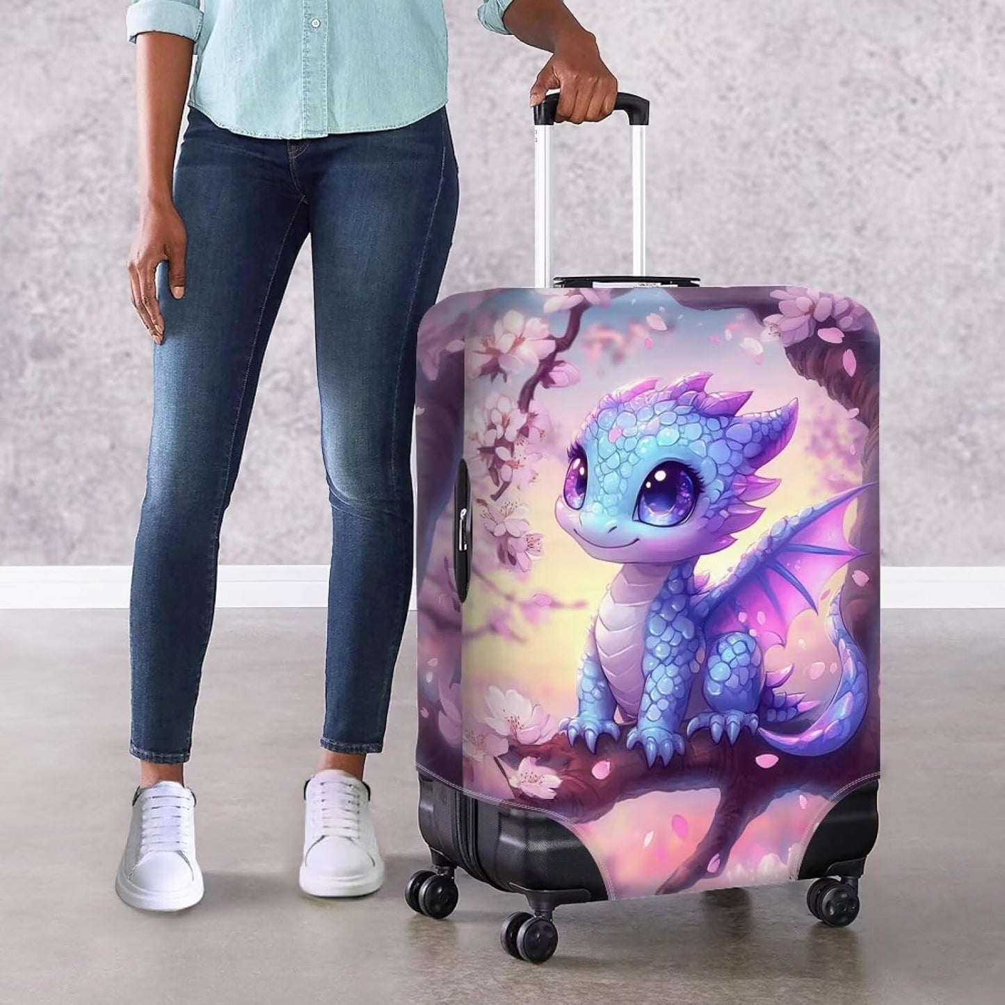 Dragon Suitcase Cover Travel Luggage Protector Washable Elastic Suitcase Covers Anti-Scratch Zip Closure Lugagge Covers for Suitcase Cherry Blossom Luggage Cover Fits 26-29 Inch, L