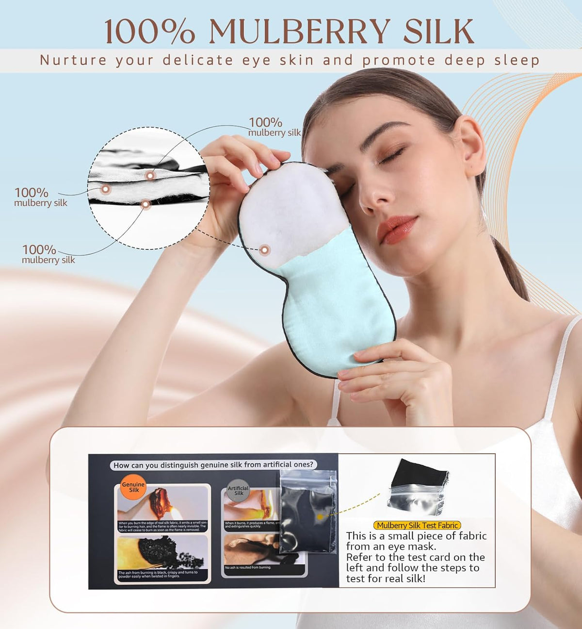 HiRui Silk Sleep Mask, 100% Natural Mulberry Silk of Double-Sided & Inner-Filling, Ultra-Smooth Soft, Adjustable Strap, Blocks Light for Night Sleeping, Travel, Office Naps (Light Blue)