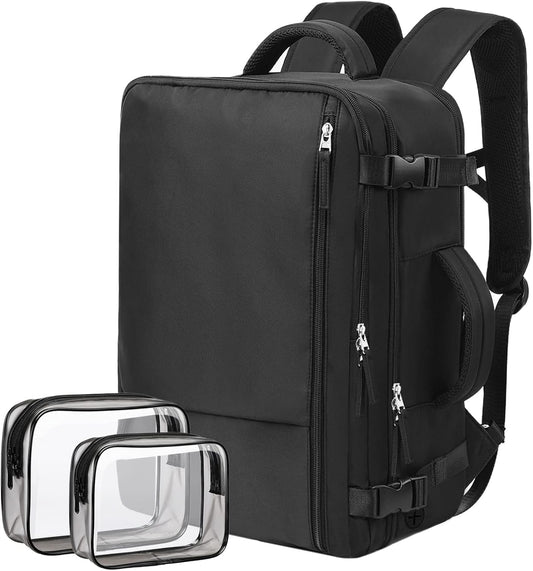 Hanples Travel Backpack for Women Men Large Carry On Person Item Flight Approved 17 In Laptop Backpack Waterproof anti theft Casual Luggage with 2 Toiletry Bag(Black)