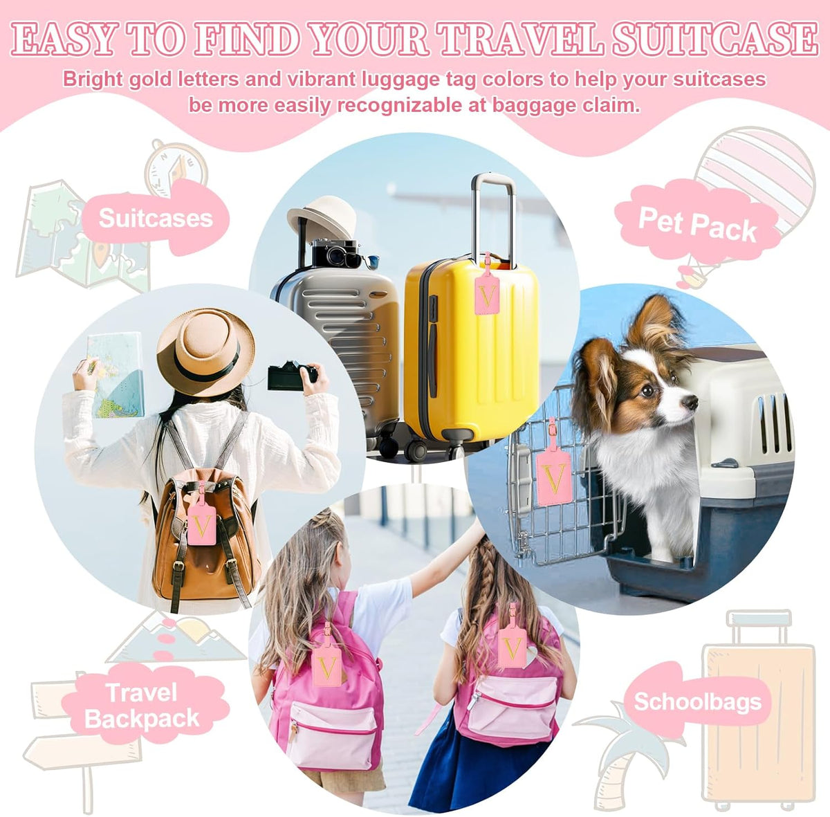 Personalized Initial Luggage Tags for Suitcase, Pink Leather Cute Luggage Tags with Privacy Cover Name Card, Embroidered Custom Monogrammed Luggage Tag Travel Bag Baggage Tags Gifts for Women Kids(V)