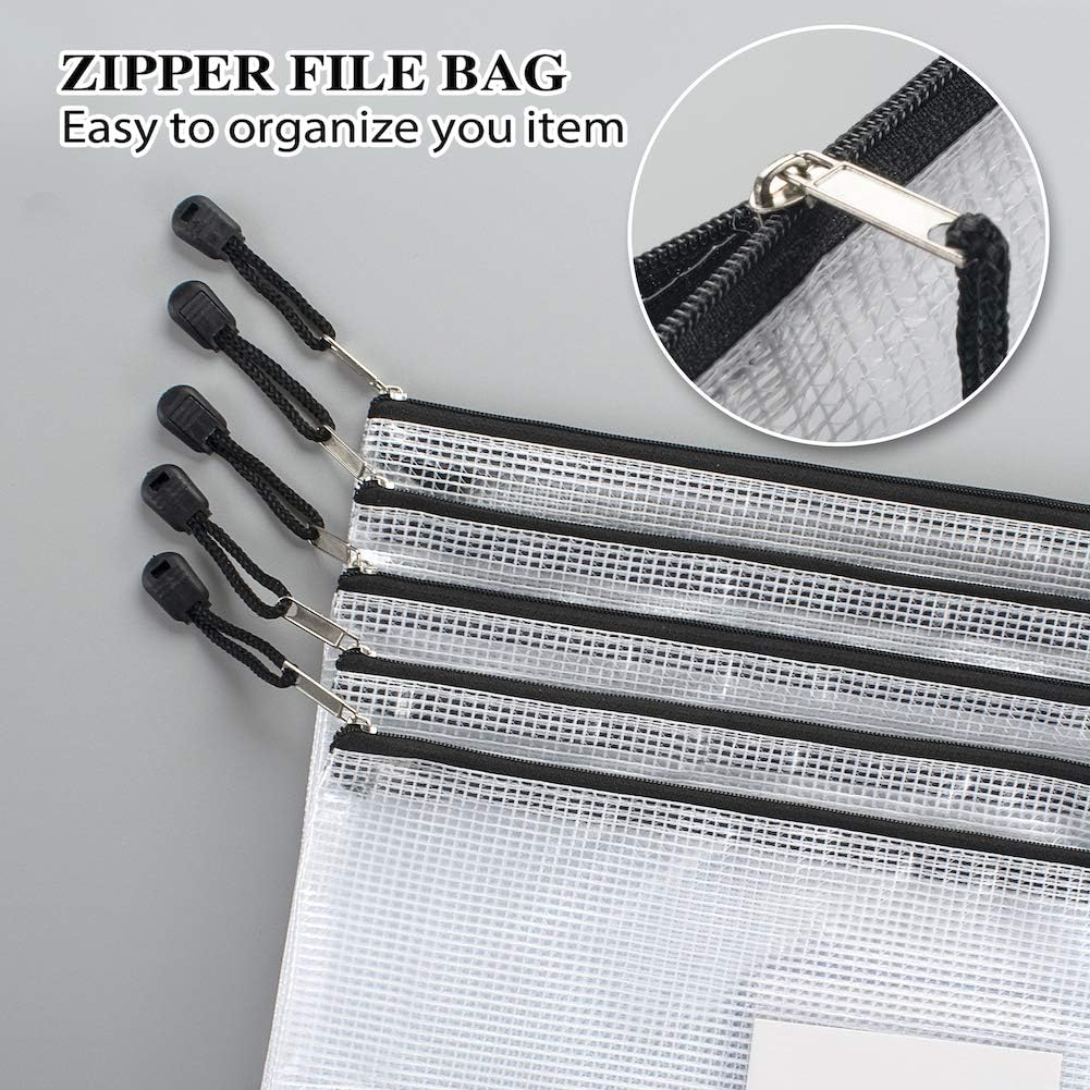 Sooez 20 Pack Mesh Zipper Pouch with Label Pocket, Plastic Zip File Folders, Zipper Document Bag for Teacher School Office Supplies, Classroom Organization, Board Game Storage, 13.3" x 9.4", Black