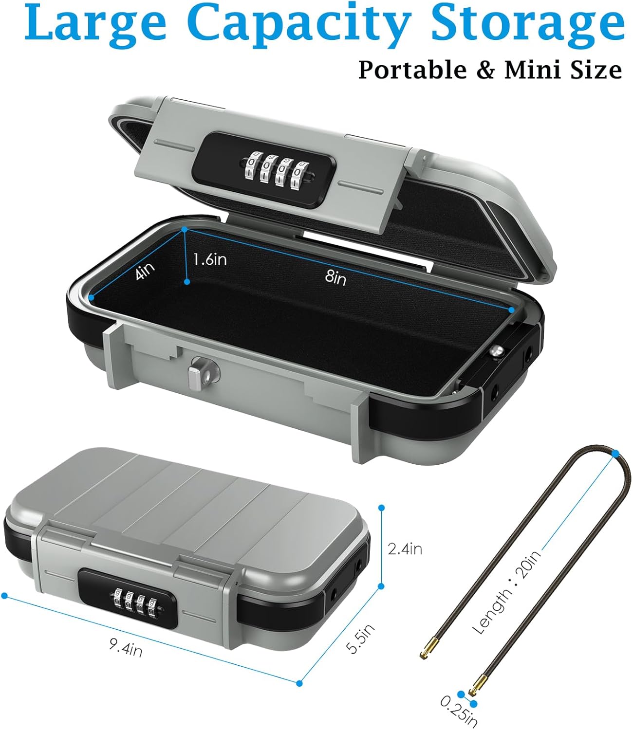 AMIR Portable Safe Box, Combination Security Case LockBox with Code, Waterproof Anti-Theft Mini Travel Safe Box with Removable Chain, Security Box for Home,Office, Grey