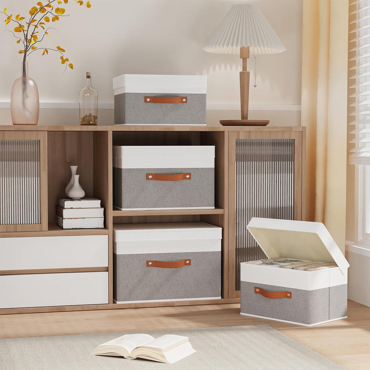 Fabric Storage Boxes with Lids, Linen Foldable Cloth Baskets, Closet Organizer Containers with Double Handles, Sweater Bins for Bedroom, White and Grey, 5 Pack, 13 x 9.1 x 7.9 Inch