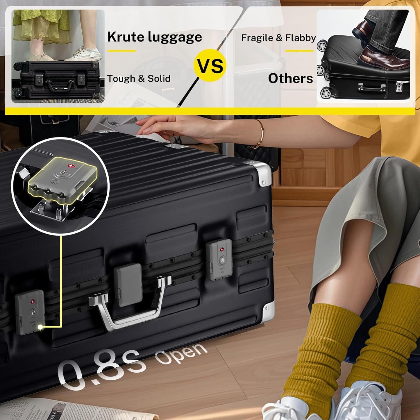Krute Luggage 28 Inch Checked Suitcase with Spinner Wheels Zipperless Aluminum Frame Luggages TSA Lock No Zipper Hardshell Lightweight PC+ABS Large Suitcases