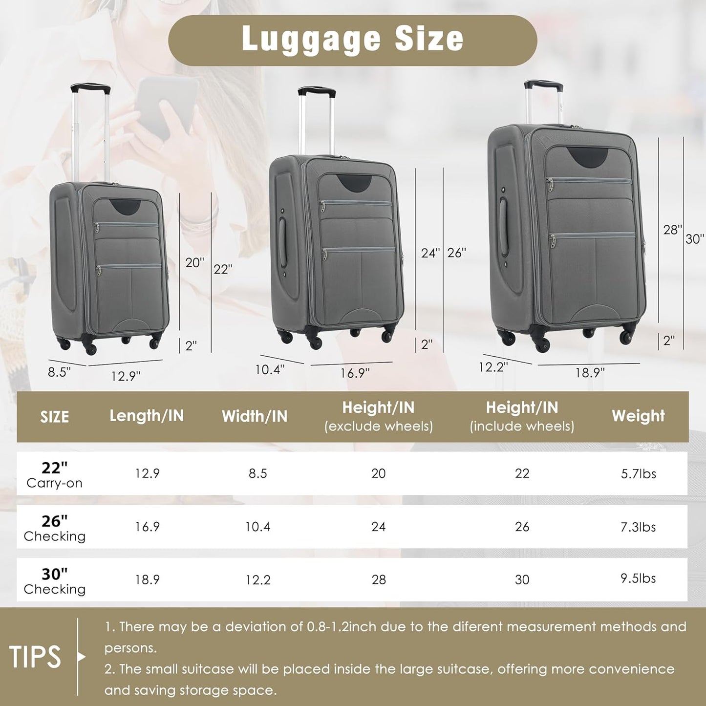 Merax Softside Luggage Set Softshell Lightweight 3 Piece Spinner Suitcase with Duffel Bag Expandable Upright Travel Luggage 22" 26" 30",Grey