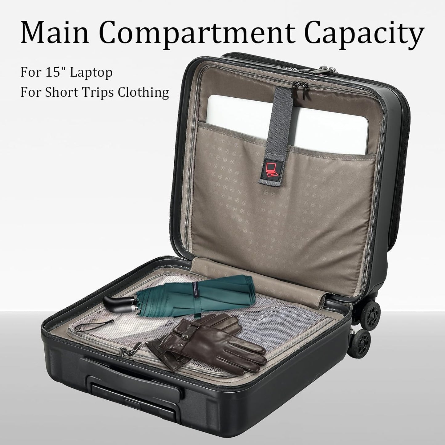 16 Inch Carry On Luggage with 2 Compartments for 14” & 15” Laptop, 16.14*8*17.12” Rolling Briefcase, Lightweight Hardshell ABS+PC Suitcase with Spinner Silent Wheels, for Business Trip, Black