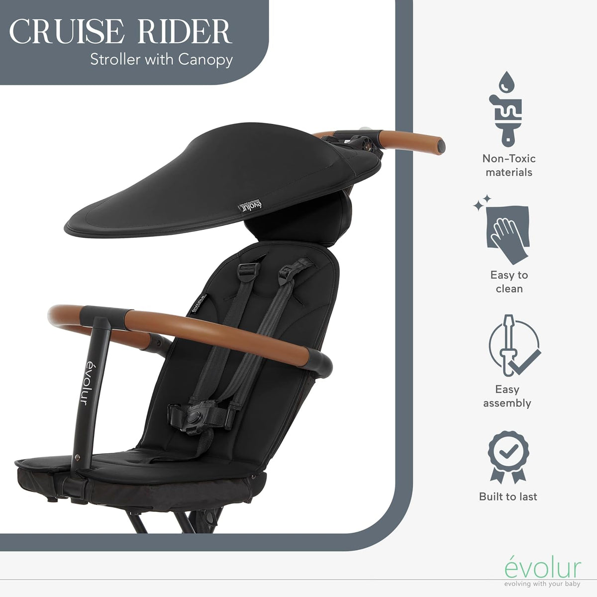 Evolur Cruise Rider Stroller with Canopy, Lightweight Umbrella Stroller with Compact Fold, Easy to Carry Travel Stroller - Noir Black