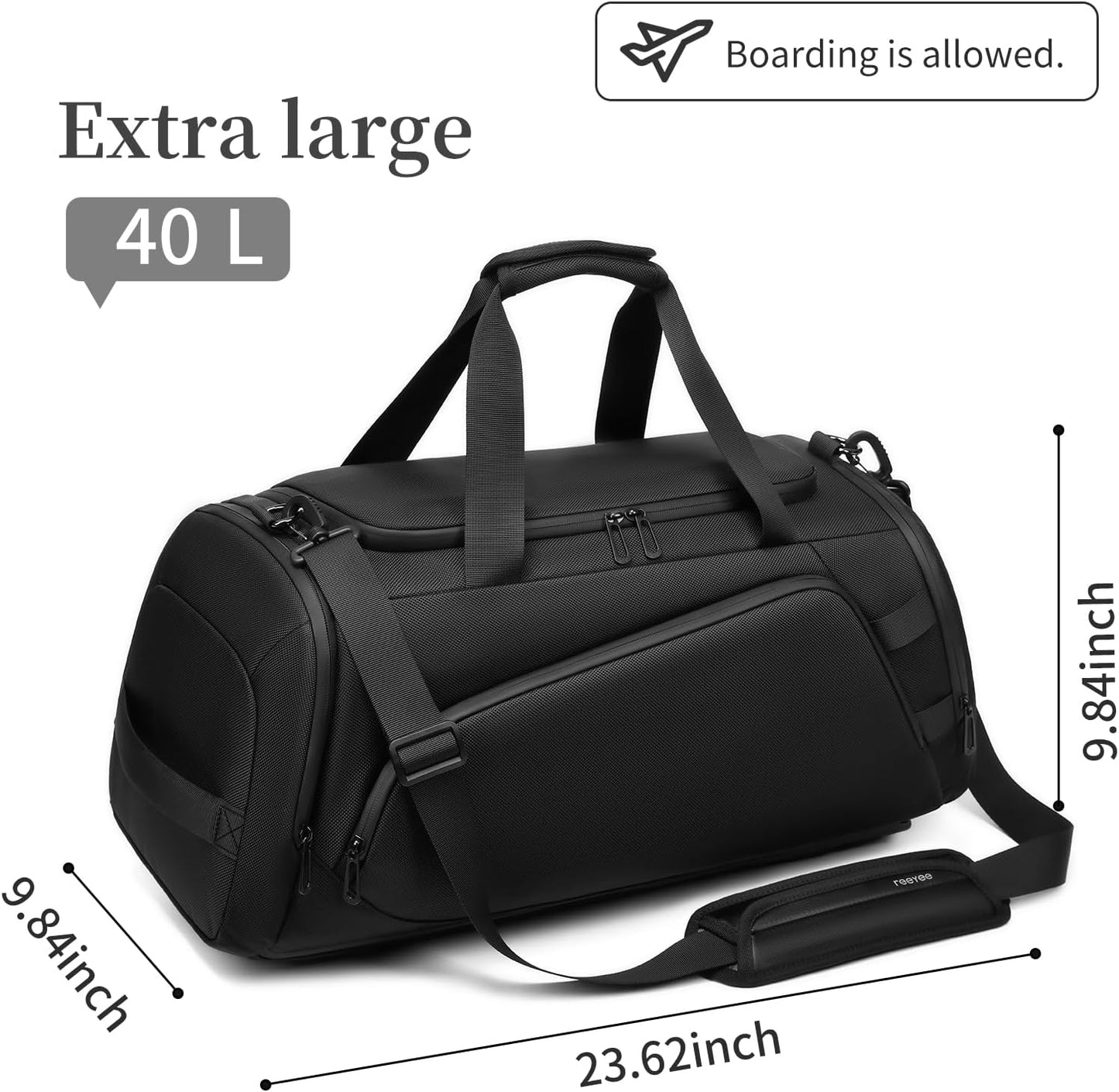 Duffle Bag for Travel, Carry on Gym Bag for Men, Waterproof Sport Bags with Shoe Compartment, 40L Weekender Men Tote Bag for Camping, Hiking, Trips - Black (CORDURA®)